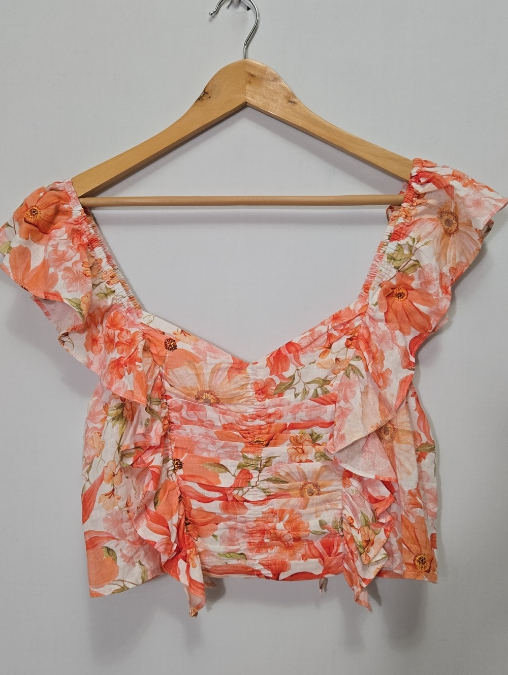 H&M Linen Blend Floral Cropped Blouse Top Size L Ruched Resort Ruffle Flutter - Picture 4 of 11